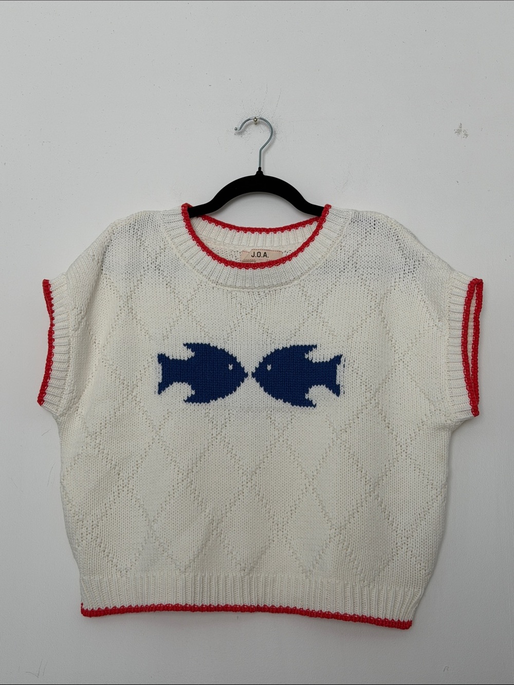 J.O.A. Cream Knit Sweater Top with Blue Fish Motif and Red Trim